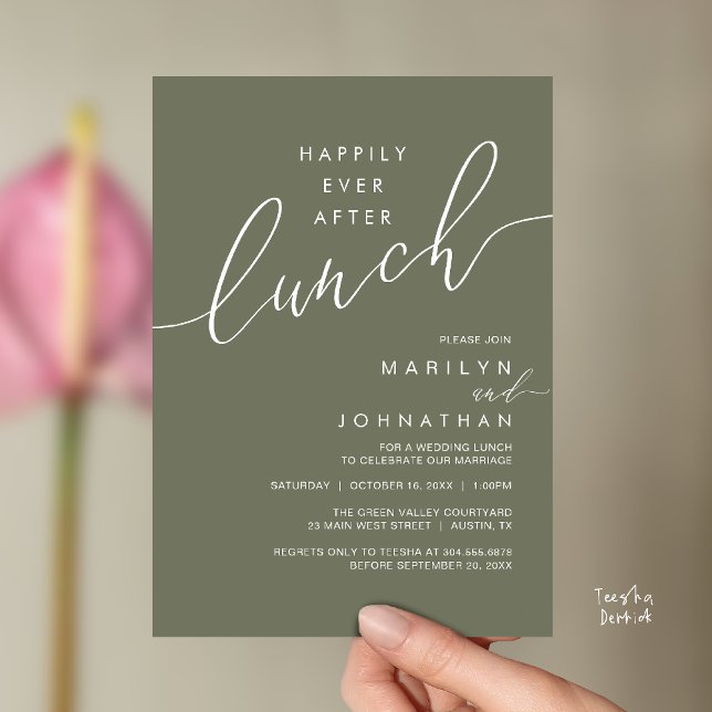 Convite Jantar de Recepção de Casamento Felizes para Sempr (Happily Ever After Lunch Wedding Reception Invitation Card in Dusty Sage Green)
