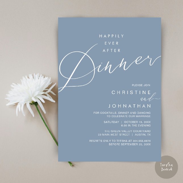 Convite Jantar de Recepção de Casamento Felizes para Sempr (Happily Ever After Dinner Wedding Reception Dinner Invitation Card in Dusty Blue)