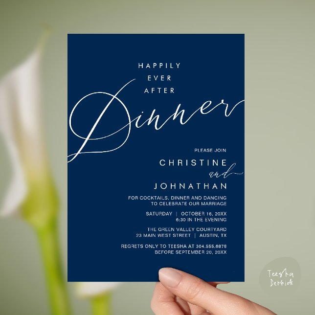 Convite Jantar de Recepção de Casamento Felizes para Sempr (Happily Ever After Dinner Wedding Reception Dinner Invitation Card in Navy Blue)