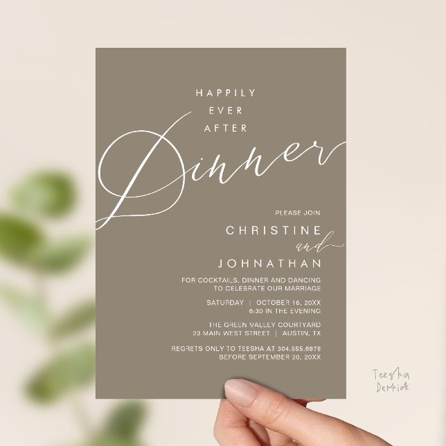 Convite Jantar de Recepção de Casamento Felizes para Sempr (Happily Ever After Dinner Wedding Reception Dinner Invitation Card in warm taupe brown)