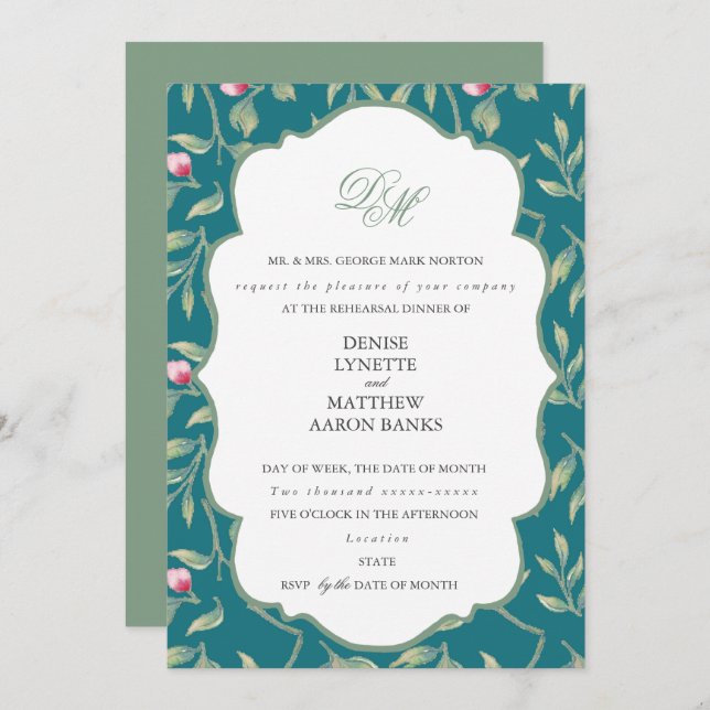 Convite Jantar de Rehearsal Azul do Porto e Verde Basil (Frente/Verso)