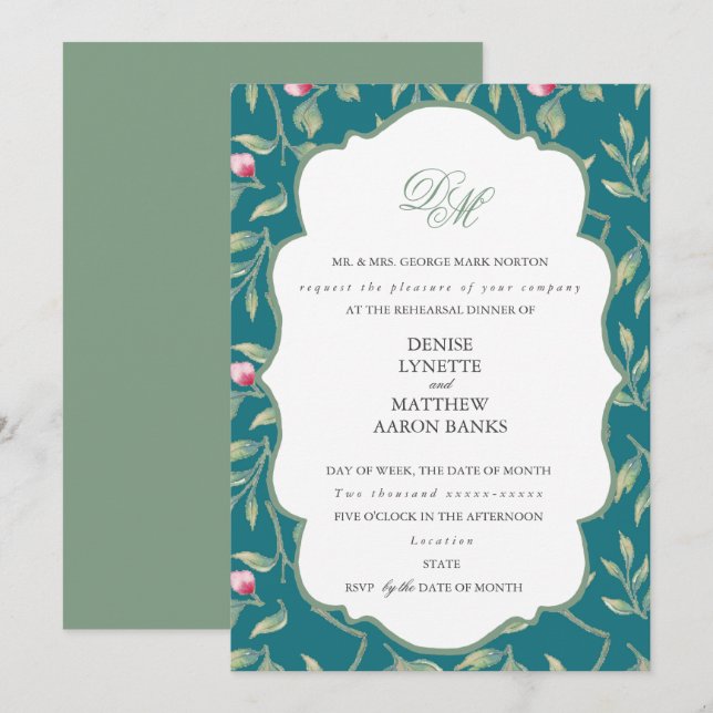 Convite Jantar de Rehearsal Azul do Porto e Verde Basilico (Frente/Verso)