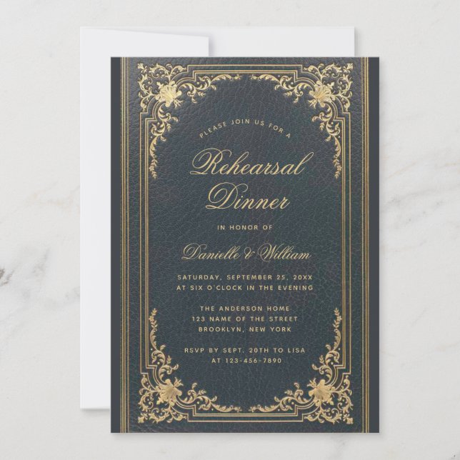 Convite Jantar de Rehearsal Azul-Marinho com Dourado Elega (Frente)