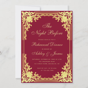 Convite Jantar de Rehearsal Borgonha Dourado Falso Vintage