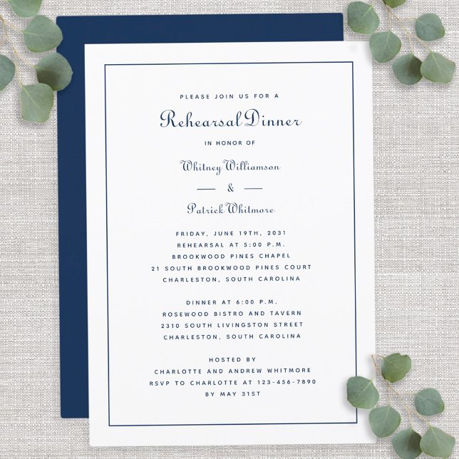 Convite Jantar de Rehearsal Casamento Elegante Roteiro Azu (Rehearsal Dinner Wedding Elegant Script Blue White Invitation)