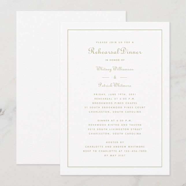 Convite Jantar de Rehearsal Casamento Script Elegante Dour (Frente/Verso)