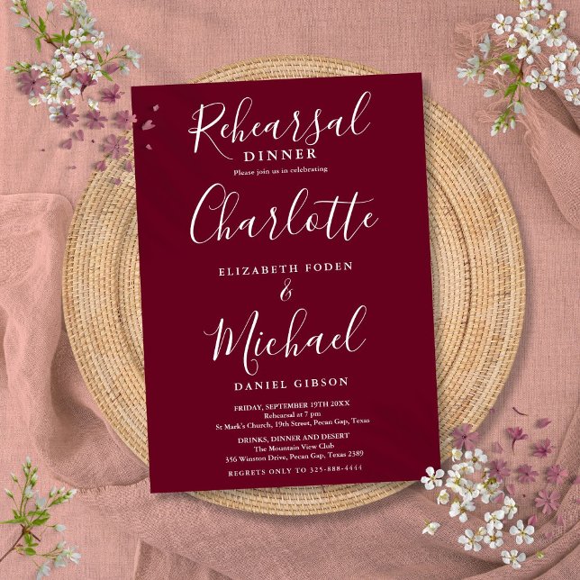 Convite Jantar de Rehearsal da Assinatura Borgonha (Burgundy Signature Script Rehearsal Dinner Invitation)