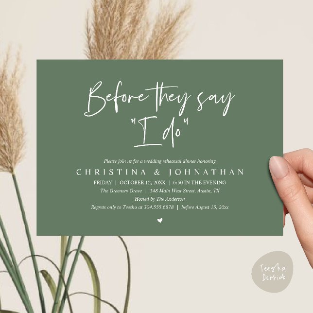 Convite Jantar de Rehearsal de Casamento, Antes que Digam  (Wedding Rehearsal Dinner, Before They Say "I Do" Invitation Card in Sage Green)