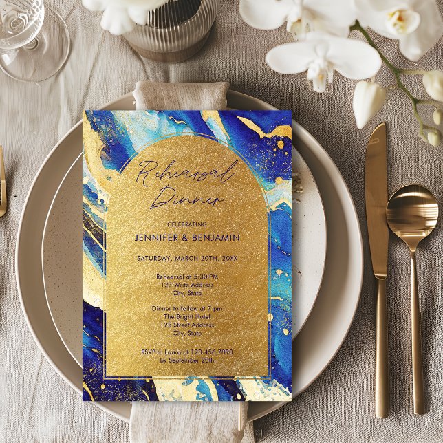 Convite Jantar de Rehearsal de Casamento Azul e Dourado da (Criador carregado)