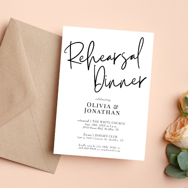 Convite Jantar de Rehearsal de Casamento Branco e Preto (White and black rehearsal dinner invitation sets a clean, elegant tone for your pre wedding event.)