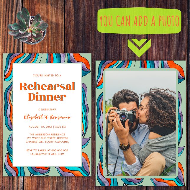 Convite Jantar de Rehearsal de Casamento com Foto Verde Re (Front and Back)