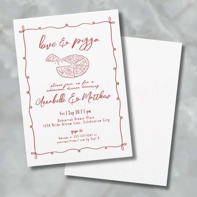 Convite Jantar de Rehearsal de Casamento de Pizza de Amor  (Hand Drawn Red Love Pizza Wedding Rehearsal Dinner Invitation)