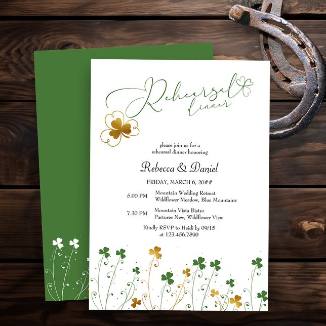 Convite Jantar de Rehearsal de Casamento de Trevo Silvestr (Elegant Rehearsal Dinner invitation from my Shamrock Wildflower wedding collection)