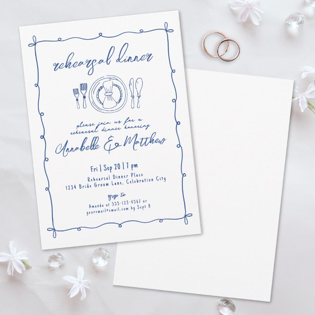Convite Jantar de Rehearsal de Casamento Desenhado à Mão e (Hand Drawn Blue Wedding Rehearsal Dinner Invitation)