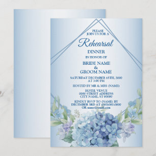 Convite Jantar de Rehearsal de Casamento Floral Azul Empoe
