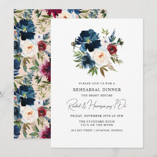 Convite Jantar de Rehearsal de Casamento Floral Azul Marin