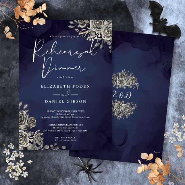 Convite Jantar de Rehearsal de Casamento Gótico Azul Meia- (Midnight Blue Gothic Wedding Rehearsal Dinner Invitation)