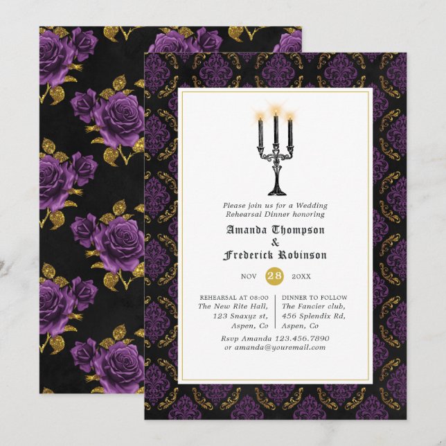 Convite Jantar de Rehearsal de Casamento Gótico Roxo e Dou (Frente/Verso)