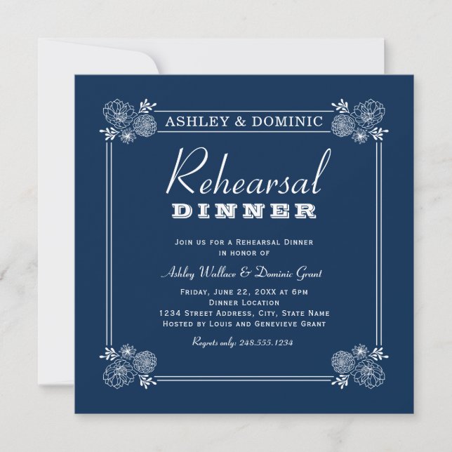 Convite Jantar de Rehearsal de Casamento Navy Succulent Fr (Frente)