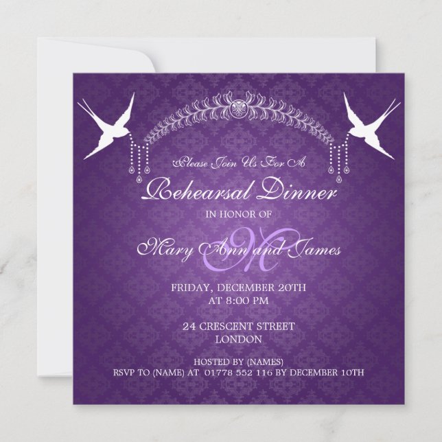 Convite Jantar de Rehearsal de Casamento Pássaros Monogram (Frente)
