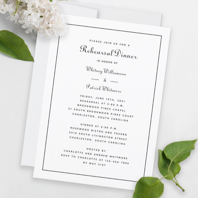Convite Jantar de Rehearsal de Casamento Preto e Branco El (Criador carregado)