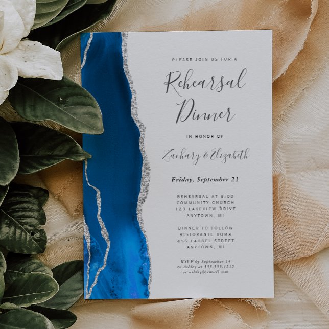 Convite Jantar de Rehearsal de Casamento Royal Blue Silver (Criador carregado)