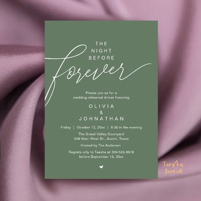Convite Jantar de Rehearsal de Casamento, Script Moderno e (Wedding Rehearsal Dinner, Modern Elegant Script Invitation Card in Sage Green)