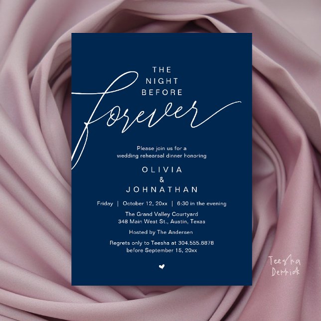 Convite Jantar de Rehearsal de Casamento, Script Moderno e (Wedding Rehearsal Dinner, Modern Elegant Script Invitation Card in Navy Blue)
