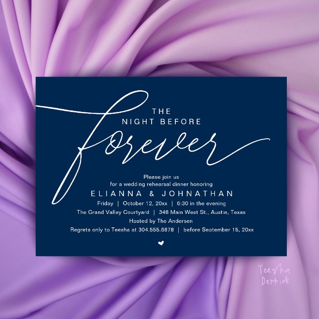 Convite Jantar de Rehearsal de Casamento, Script Moderno e (The Night Before Forever, Wedding Rehearsal Dinner, Modern Elegant Invites Card in Navy Blue)