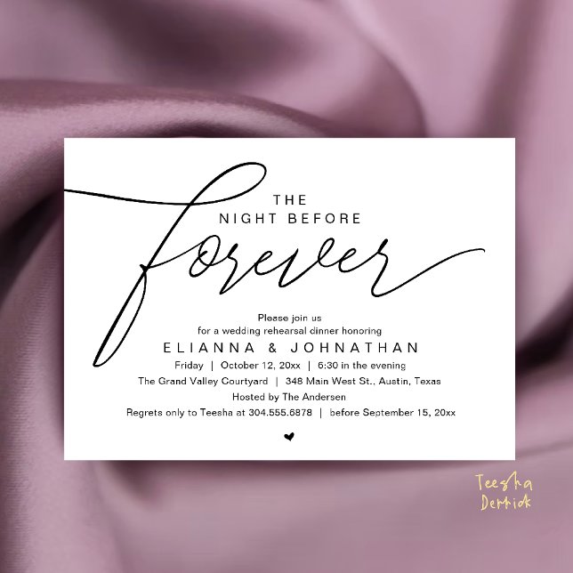 Convite Jantar de Rehearsal de Casamento, Script Moderno e (The Night Before Forever, Wedding Rehearsal Dinner, Modern Elegant Invites Card in Black and White)