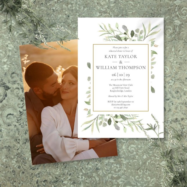 Convite Jantar de Rehearsal de Foto de Verde Folhagem em A (Modern Watercolor Greenery Photo Rehearsal Dinner Invitation)
