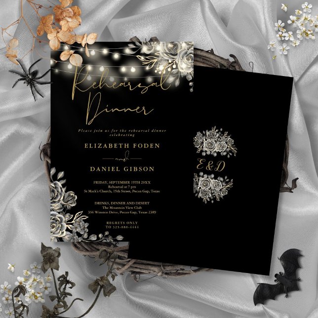 Convite Jantar de Rehearsal de Luzes Florais Preto Gótico  (Gothic Black Gold Floral Lights Rehearsal Dinner Invitation)
