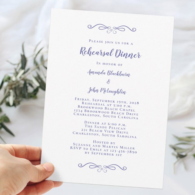 Convite Jantar de Rehearsal de Noivado Azul Periwinkle Ele (Elegant Periwinkle Blue Wedding Rehearsal Dinner Invitation)