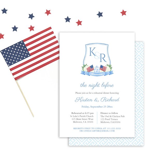 Convite Jantar de Rehearsal de Noivado com Crista de Hortê (Red White And Blue Watercolor Crest Wedding Rehearsal And Welcome Dinner Invitation)