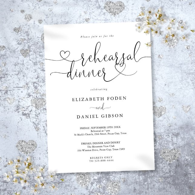 Convite Jantar de Rehearsal de Script Elegante Coração (Elegant Heart Script Rehearsal Dinner Invitation)