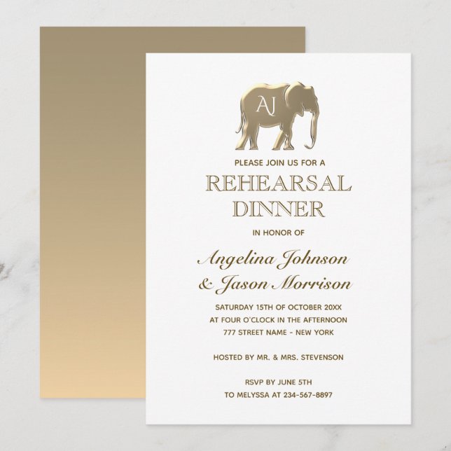 Convite Jantar de Rehearsal Dourado (Frente/Verso)