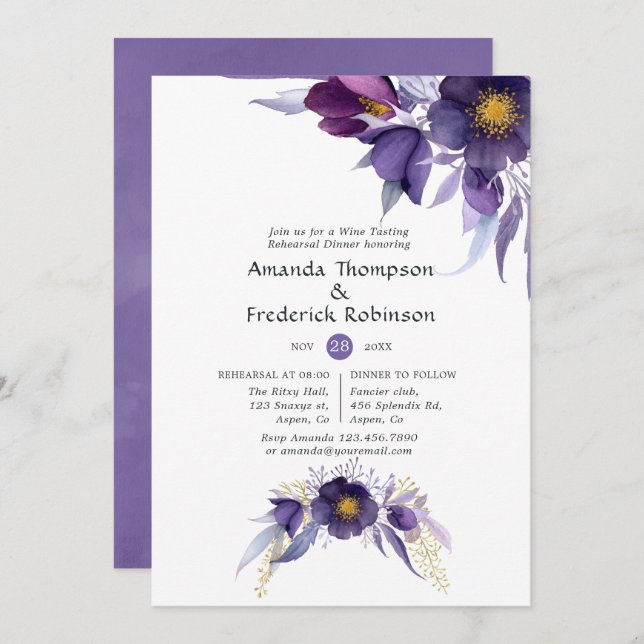 Convite Jantar de Rehearsal Floral de Aquarela em Tonalida (Frente/Verso)