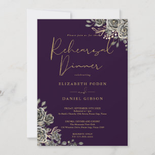 Convite Jantar de Rehearsal Floral Gótico Roxo e Dourado