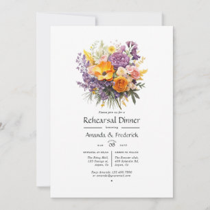 Convite Jantar de Rehearsal Floral Roxo, Laranja e Amarelo
