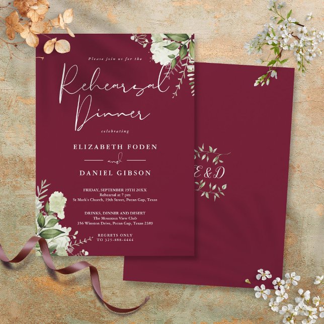 Convite Jantar de Rehearsal Floral Verde Burgundy (Greenery Floral Burgundy Rehearsal Dinner Invitation)