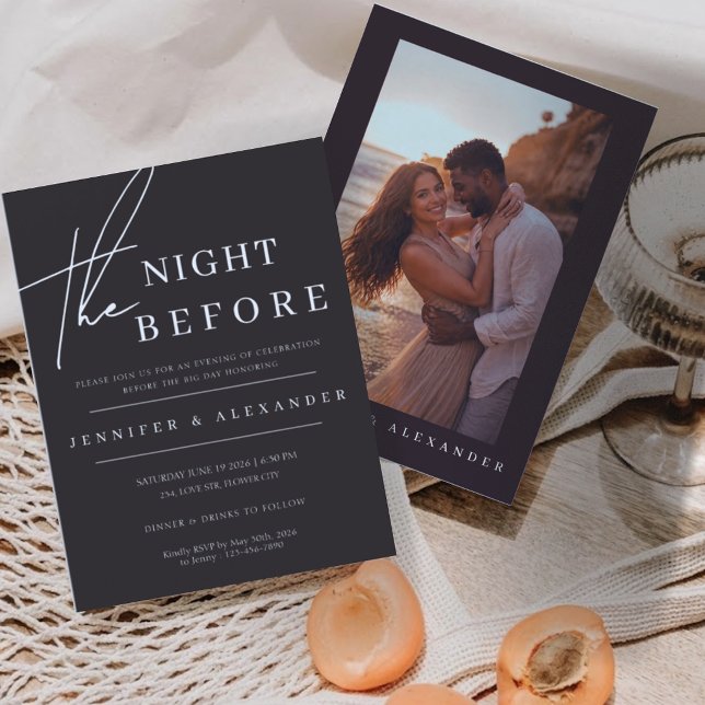 Convite Jantar de Rehearsal Noturno com Foto Moderna Preta (Black Modern Photo Rehearsal Dinner Invitation)