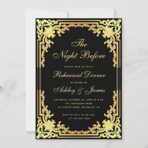 Convite Jantar de Rehearsal Preto Dourado Falso Elegante V