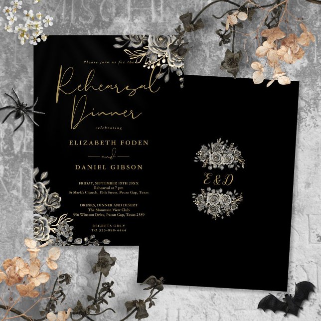 Convite Jantar de Rehearsal Preto Floral Gótico e Dourado (Gothic Floral Black And Gold Rehearsal Dinner Invitation)