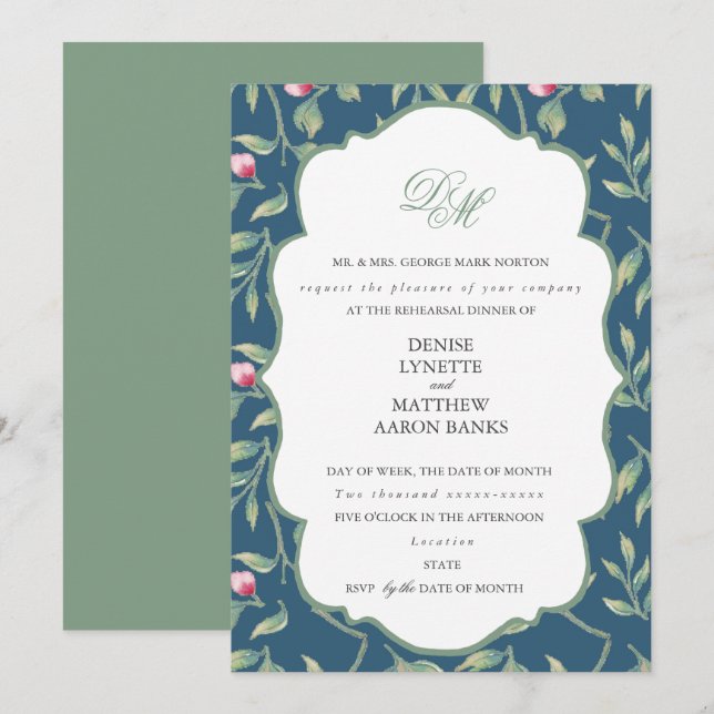 Convite Jantar de Rehearsal Teal à Meia-Noite e Verde Basi (Frente/Verso)