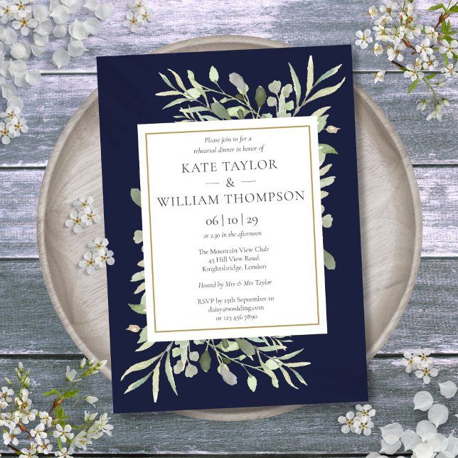 Convite Jantar de Rehearsal Verde Água Marinho Azul (Navy Blue Watercolor Greenery Rehearsal Dinner Invitation)