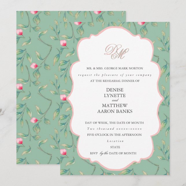 Convite Jantar de Rehearsal Verde Cameo e Rosa Gossamer (Frente/Verso)