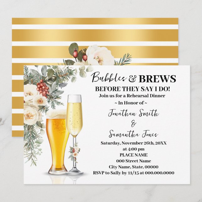 Convite Jantar de Rehearsal Winter Bubbles & Brews (Frente/Verso)