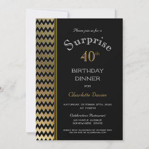 Convite Jantar de Surpresa de 40 Anos Black Gold Chevron