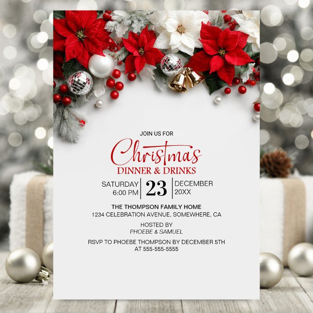Convite Jantar e Bebidas de Natal com Poinsettia Moderna (Criador carregado)
