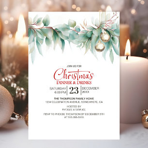 Convite Jantar e Bebidas de Natal com Verde de Aguarela